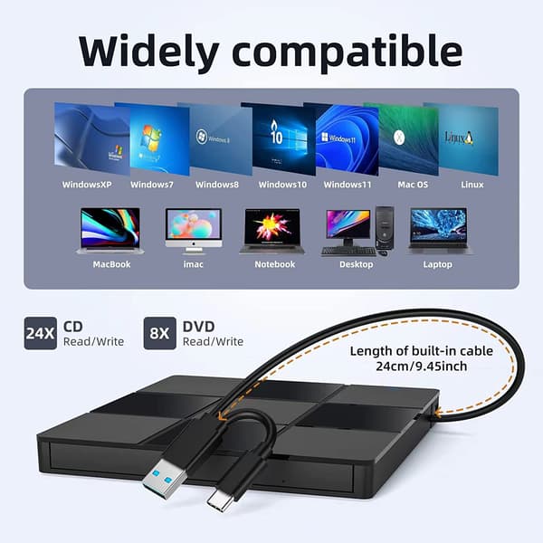 Ekstern CD/DVD-drev til bærbar computer, kompatibel med Windows 11/10/8/7, Mac OS, Linux, PC (7 i 1)