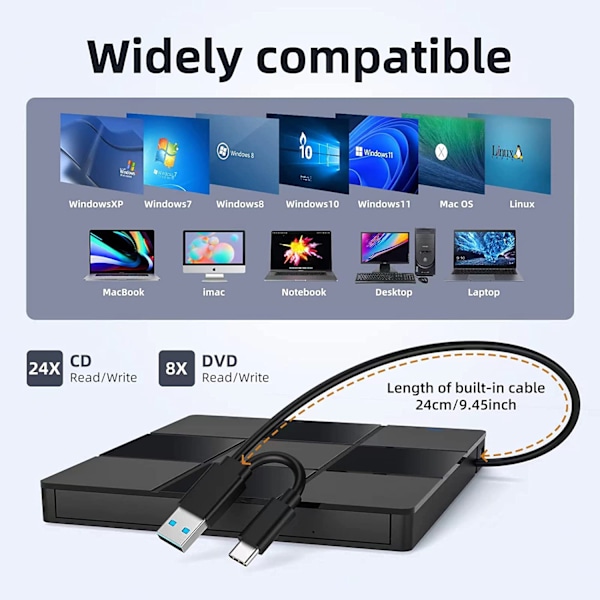 Ekstern CD/DVD-stasjon for bærbar PC, kompatibel med Windows 11/10/8/7, Mac OS, Linux, PC (7 i 1)