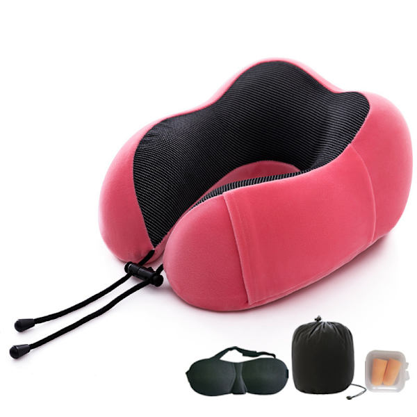 Nackkudde Memory Foam U-formad Resekudde Med Ögonmask Och Öronproppar Röd