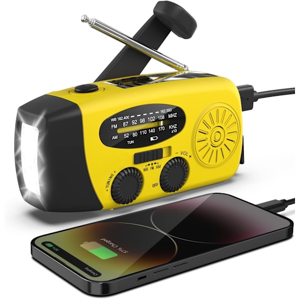 Hätätilanteen aurinkoradio, kannettava käsikampi AM/FM-radio LED-taskulampulla, 2000 mAh akku / keltainen