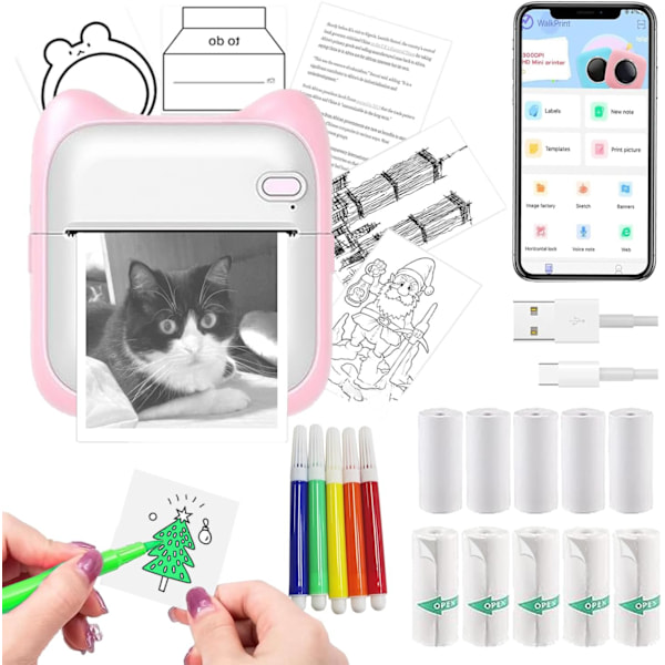 Bærbar Blækfri Termisk Stickerprinter Kompatibel med iOS og Android med 10 Ruller Papir og 5 Rosa Penne