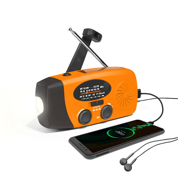 Solcellsdriven Nödradio med Handvev, LED-Ficklampa, Portabel AM/FM-Radio 2000mAh/orange