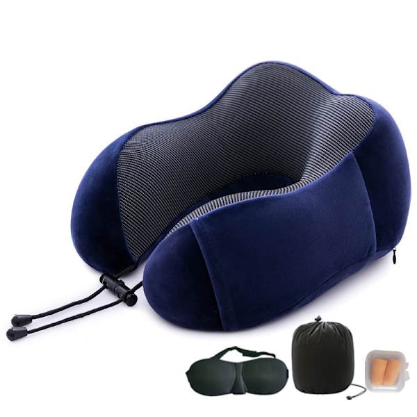 Nackkudde Memory Foam U-formad Resekudde Med Ögonmask Och Öronproppar Marinblå