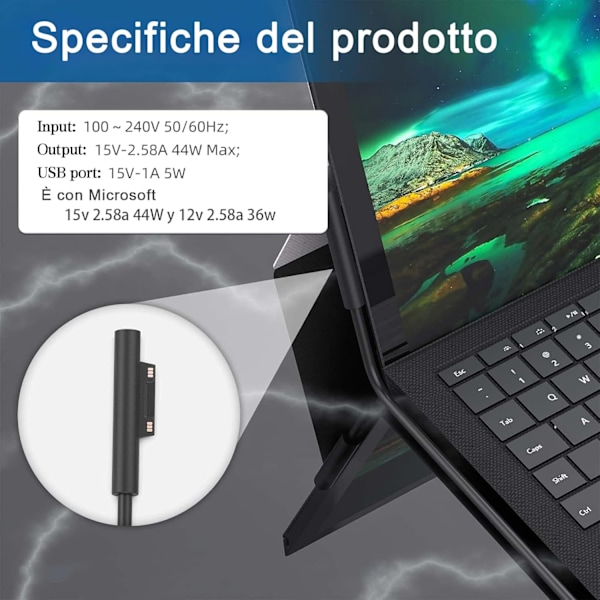 44W 15V 2.58A Laddare Strömadapter för Microsoft Surface Pro 7/Pro 6/Pro 5/Pro, med USB-port