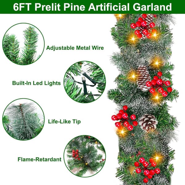 Julekrans, med LED-lys, røde bær, juledekorasjon 2,7M