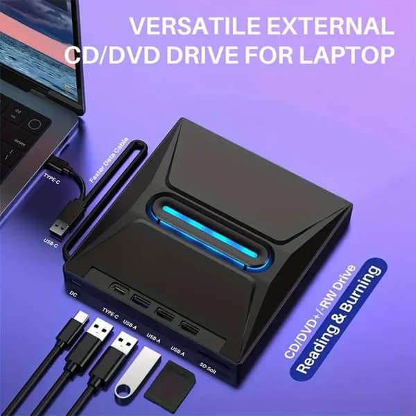Extern DVD-enhet, USB 3.0 Portabel, Typ-c Kompatibel, CD/DVD +/-RW Optisk Enhet