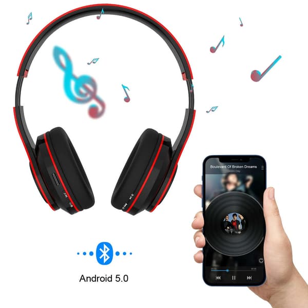 Ekte trådløse Bluetooth-hodetelefoner Sammenleggbart Bluetooth-headset, stereomikrofon, oppladbare hodetelefoner rød