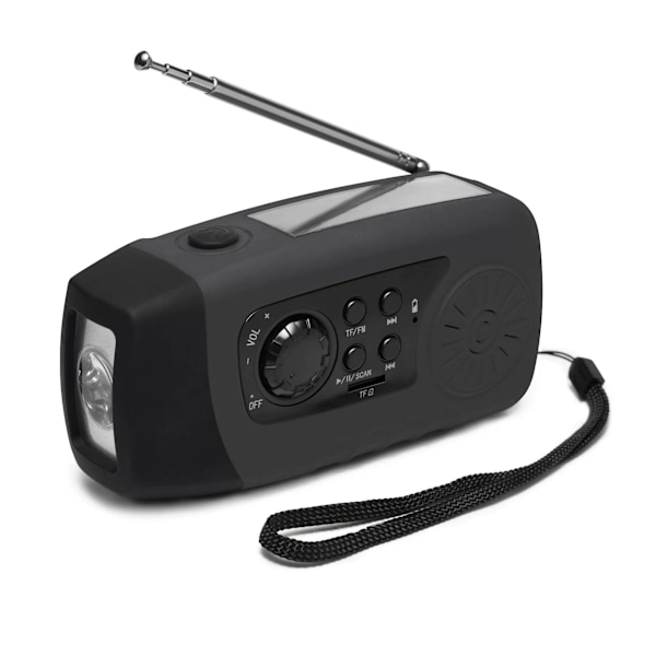 Radio Solar, 2000mAh, Nød håndsving FM-radio lommelygte med USB-kabel (sort)