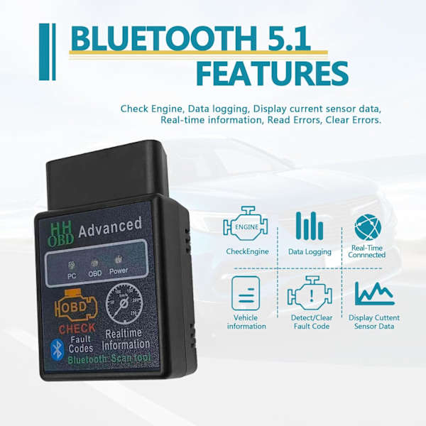 Bluetooth OBD2 Trådlös Scanner Diagnostikverktyg, Kompatibel med iOS & Android & Windows