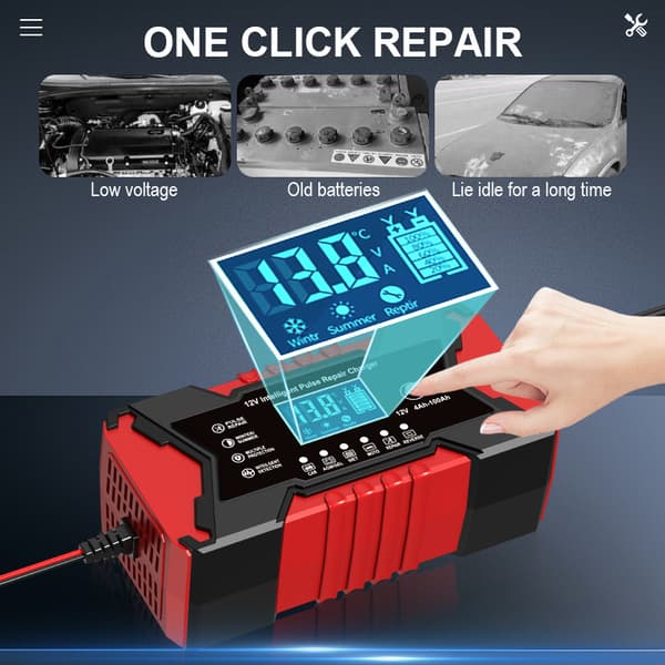 Smart batterioplader 12V6A med autoreparationsfunktion, til blysyrebatterier (rød)