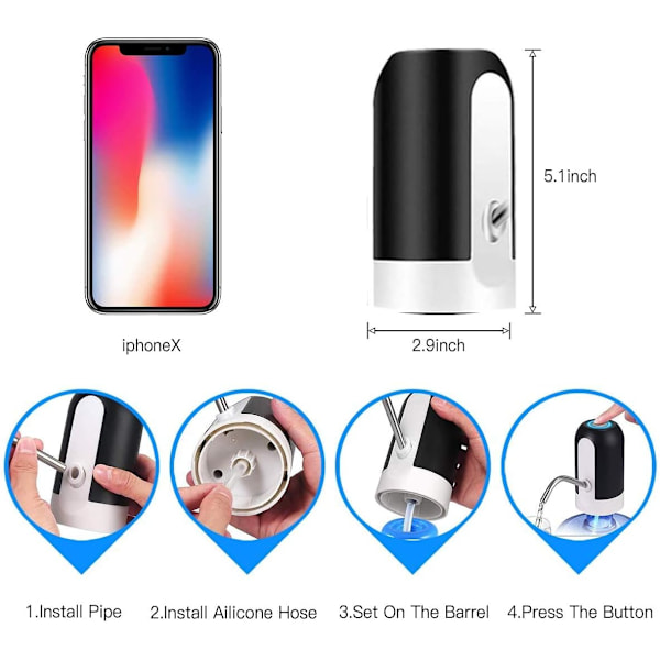3 ja 5 gallonan pullotetun veden pumppu kannettava USB sähköinen vedenannostelija musta