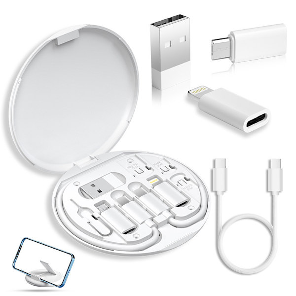 Kabelkits Multifunktions Adapter Opbevaringsboks Med Micro/Type-C/Usb/Apple Interface Og Kortudstødningsstift (Hvid)