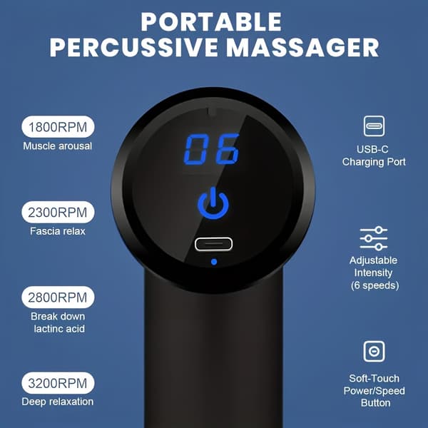 Bärbar massagepistol med LED-touchkontroll, 4 utbytbara huvuden, grå