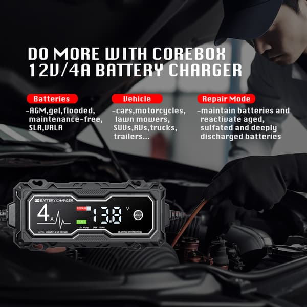 Smart batterioplader 12V 4A autoreparation, til blysyre lithiumbatterier.