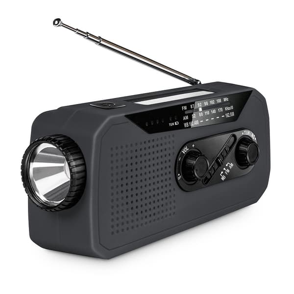 Radio med solcelle, 2000mah Håndsvinggenerator med lommelygte (Sort)