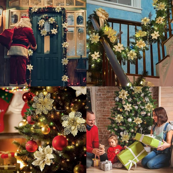 24 stk. juleblomster, glitter gull kunstige blomster med klips egnet