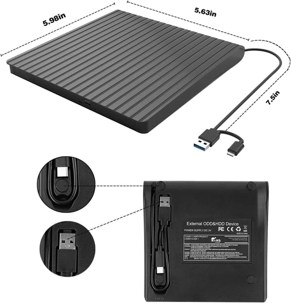 Ekstern CD/DVD-stasjon for bærbar PC USB-C og USB 3.0 CD/DVD ROM-stasjon Leser Brenner