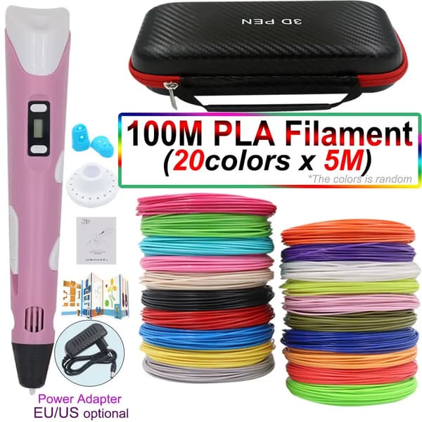 3D-pen med 100 meter PLA-filament og opbevaringspose (pink)