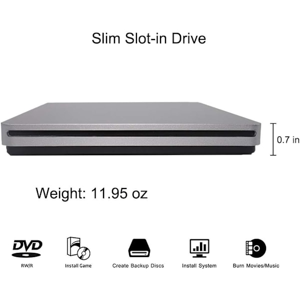 Ulkoinen CD/DVD-asema USB 3.0 Type-C CD DVD Erittäin ohut kannettava poltin, aukkotyyppinen (hopea)