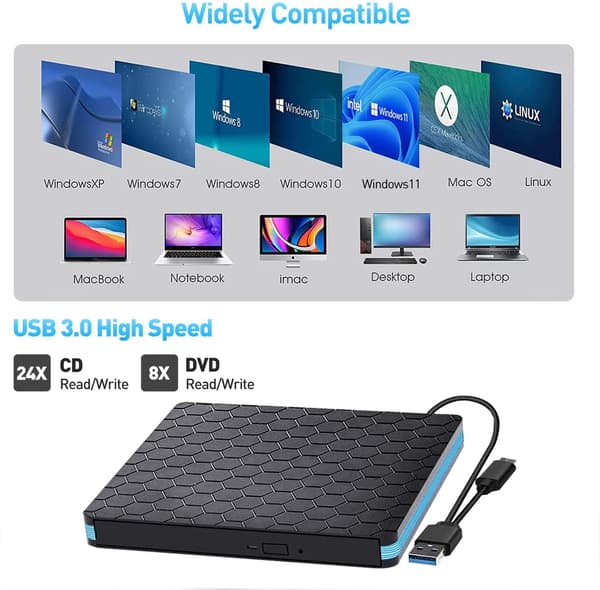 Ekstern DVD/CD-brænder USB 3.0 optisk disk læser