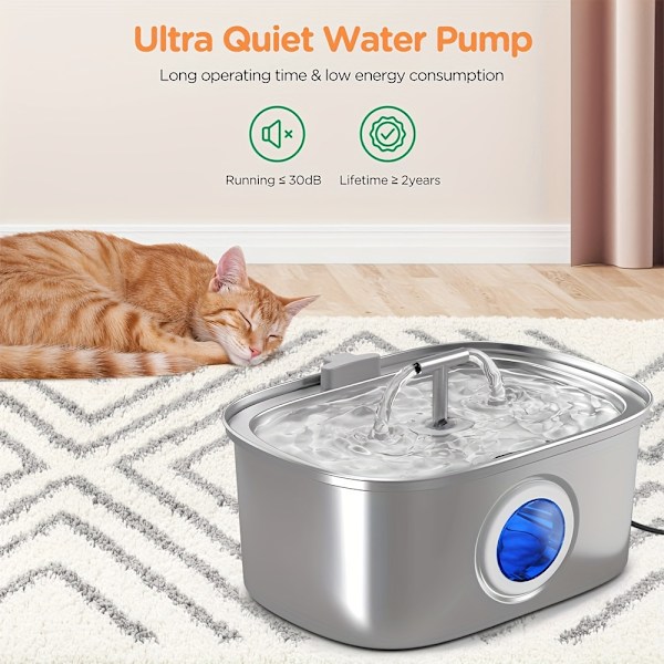 3,2L Smart Vattenfontän för Katt i Rostfritt Stål med Vattennivåfönster USB-laddning