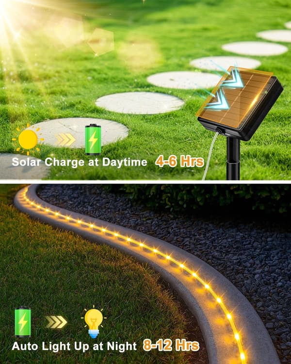 LED-strips, Soldrevne lyskæder, vandtætte, 12 M, 100 lys, 8 tilstande (varm)