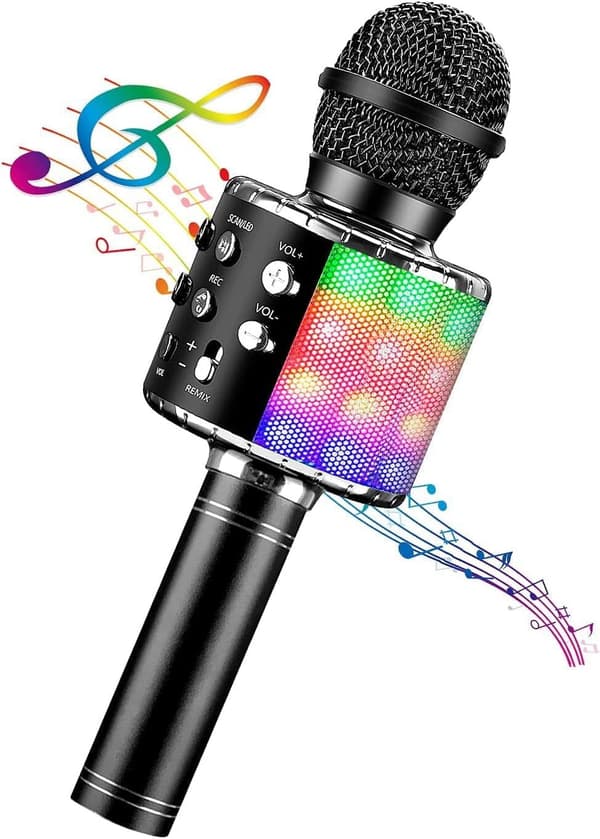 Karaokemikrofon for barn, bærbar trådløs Bluetooth-mikrofon med LED-lys for gutter og jenter Svart