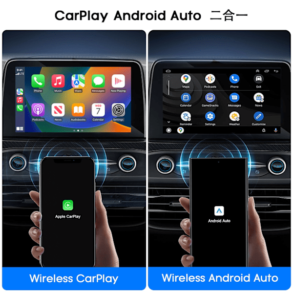 Kablet til trådløs Carplay Android Auto To-I-En Bilforbindelse Smart Boks, 1,1, Aux Kassette Adapter, Ny, By960P 2-I-1, 2-I-1