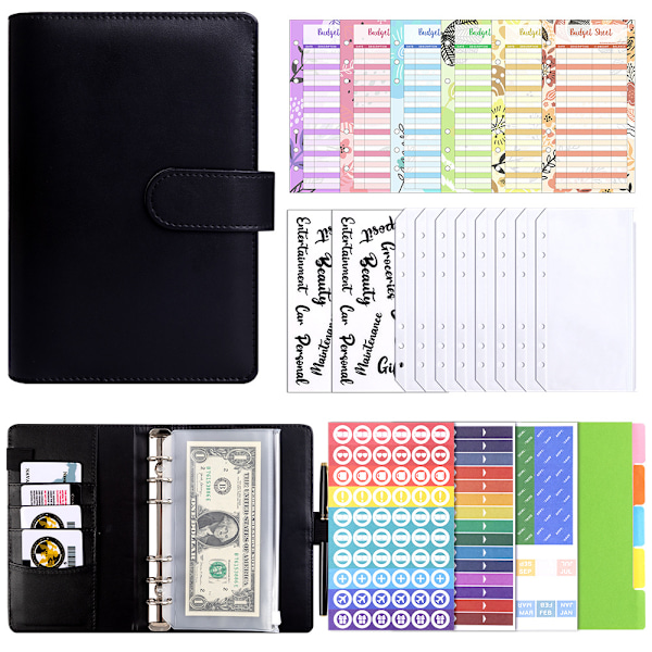 Binder Budget A6 PU Læder Notesbog Planner Organizer Sort 27 dele