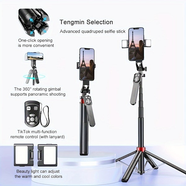 Bluetooth Selfie Stick kan forlænges til 180 cm, 2 skønhedslys