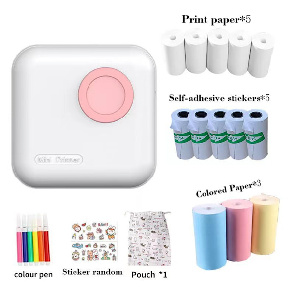 Bluetooth termisk skrivare med 13 rullar tryckpapper rosa