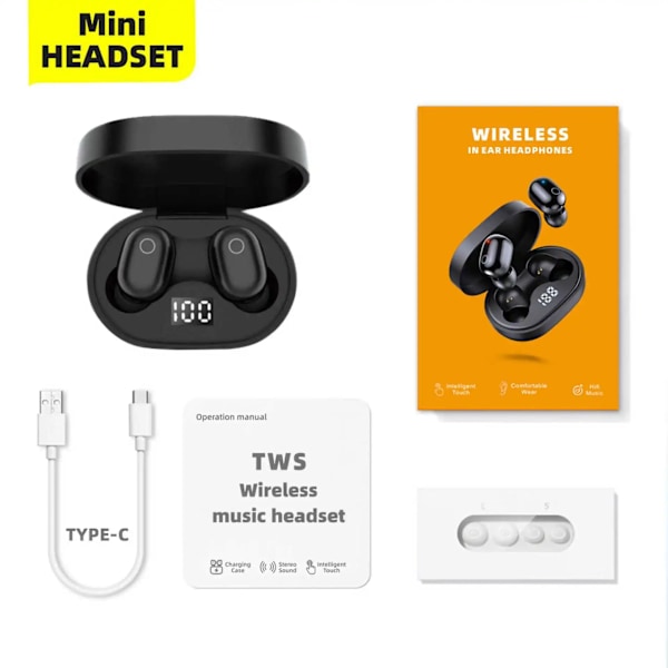 True Wireless Bluetooth Hörlurar TWS vattentäta med LED digital display automatisk parning Svart