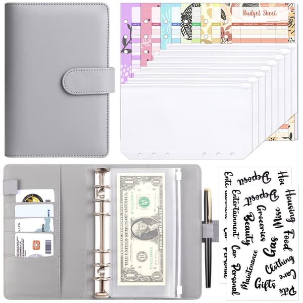 Budgetbinder A6 PU Læder Notesbog Planner Organizer Grå 23 dele
