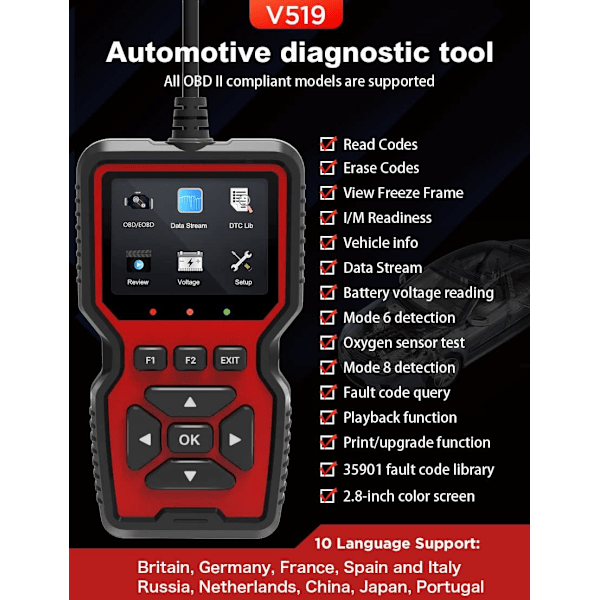 V519 Avancerad OBD2 Diagnostisk Scanner - Kodläsare - Stöder OBD2/OBDII Protokoll