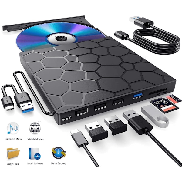 Extern CD/DVD-enhet 7 i 1 USB 3.0 Ultra-Slim CD-brännare