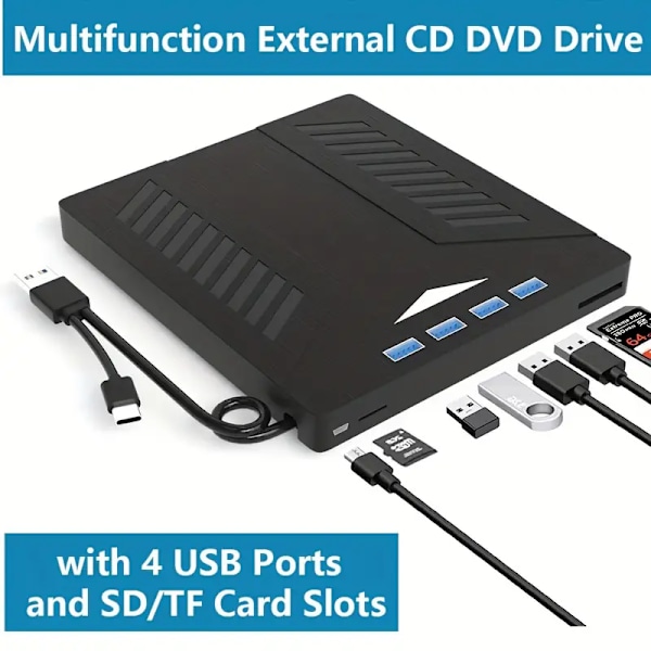 7-in-1 Monitoiminen Ulkoinen CD DVD -asema, USB 3.0 Type-C CD DVD +/-RW -asema