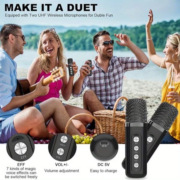 Mini Karaoke -laite lapsille, Bluetooth-kaiutin 2 mikrofonilla (pinkki)