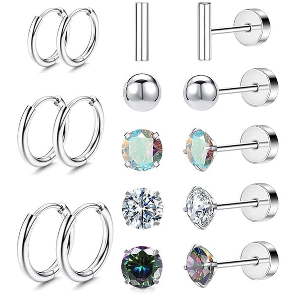 8 par øreringe i rustfrit stål, Zircon, unisex (sølv)