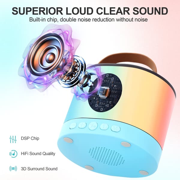 Mini Karaoke-maskin för barn, Bluetooth-högtalare med 2 mikrofoner (blå)