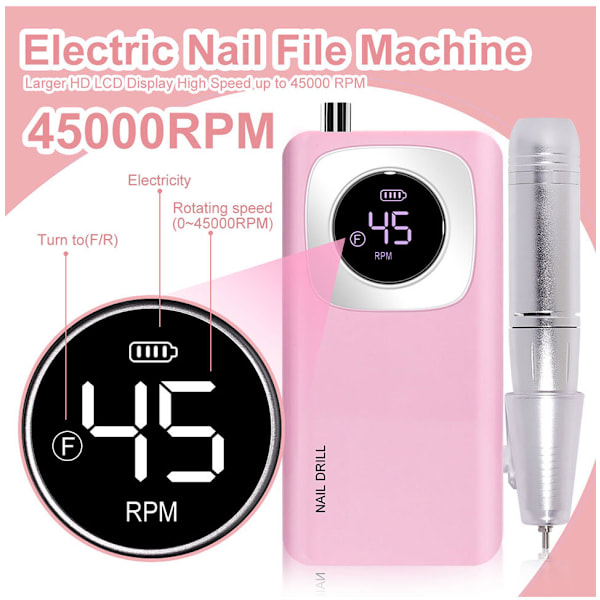 45000 RPM Elektrisk Nagelborr Kit, Portabel Uppladdningsbar Nagelborr, Nagelpoleringskit färgglatt