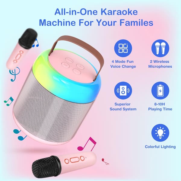 Mini Karaoke-laite lapsille, langaton Bluetooth-kaiutin 2 mikrofonilla (musta)