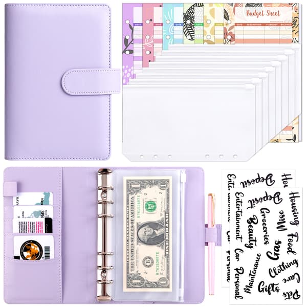 Budgetbinder A6 PU Læder Notesbog Planner Organizer Lilla 23 dele