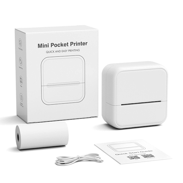 Bluetooth termisk printer, etiketprinter med 1 rulle etiketpapir (hvid)