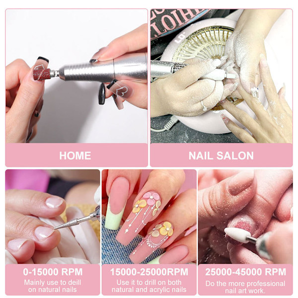 Professionell Nagelfil 45000 RPM, 2000mAh Elektrisk Nagelborr, Kraftfull Nagelborr rosa
