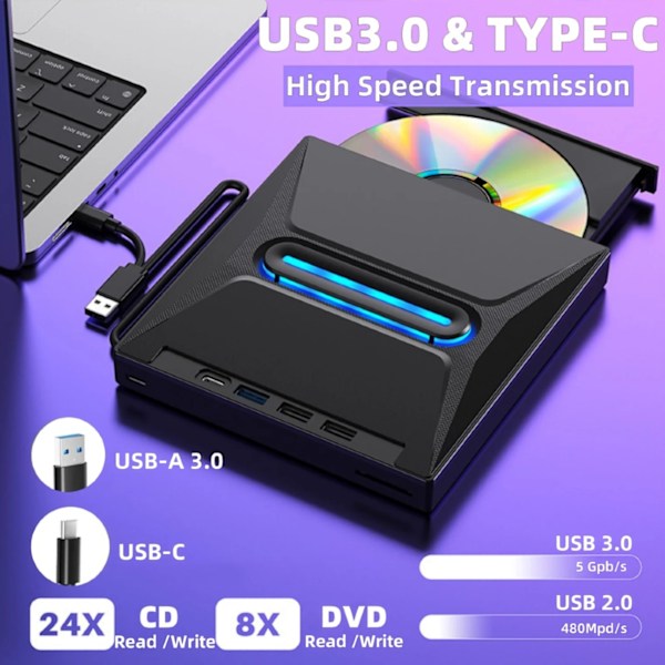 Extern CD DVD-enhet för Laptop, 5-i-1 USB C Portabel USB 3.0 CD/DVD +/-RW-enhet/DVD-spelare