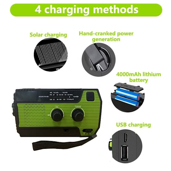 Solradio, 4000mAh AM/FM-radio, Handvev Nödlampa (Röd)