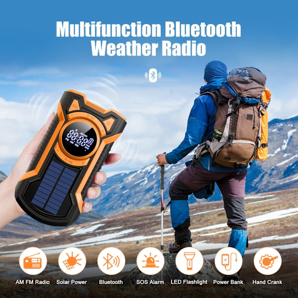 Käsikäyttöinen aurinkoenergialla toimiva hätäradio taskulampulla, kannettava Bluetooth AM/FM/sääradio 5000mAh/oranssi