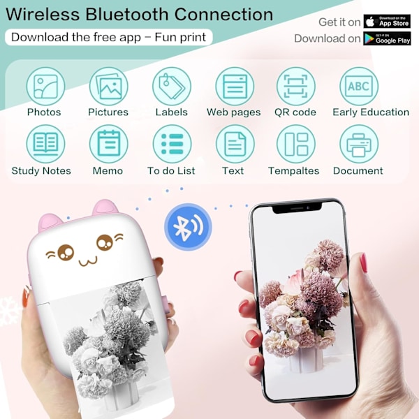 Bluetooth Trådlös Mini Termisk Skrivare Med 8 Pappersrullar, Kompatibel Med Ios + Android, Kan Användas För Dagbok, Memo, Foto Rosa