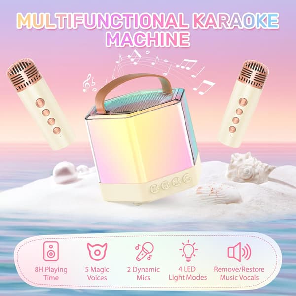 Mini Karaoke-laite lapsille, Bluetooth-kaiutin 2 mikrofonilla (Beige)