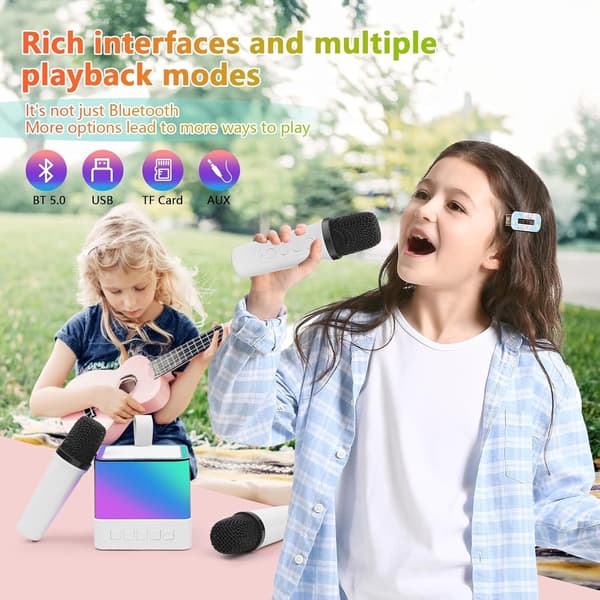 Mini Karaoke Maskin för Barn, Bluetooth-högtalare med 2 mikrofoner (Vit)